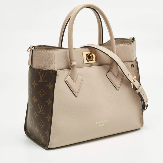 Greige Leather and Monogram Canvas On My Side MM Tote Bag